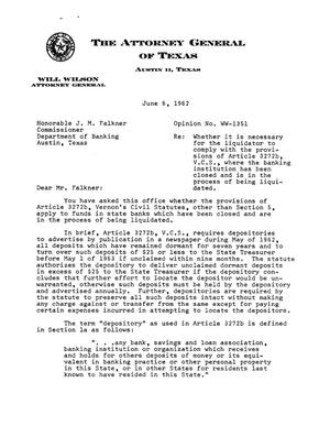 Texas Attorney General Opinion: WW-1351