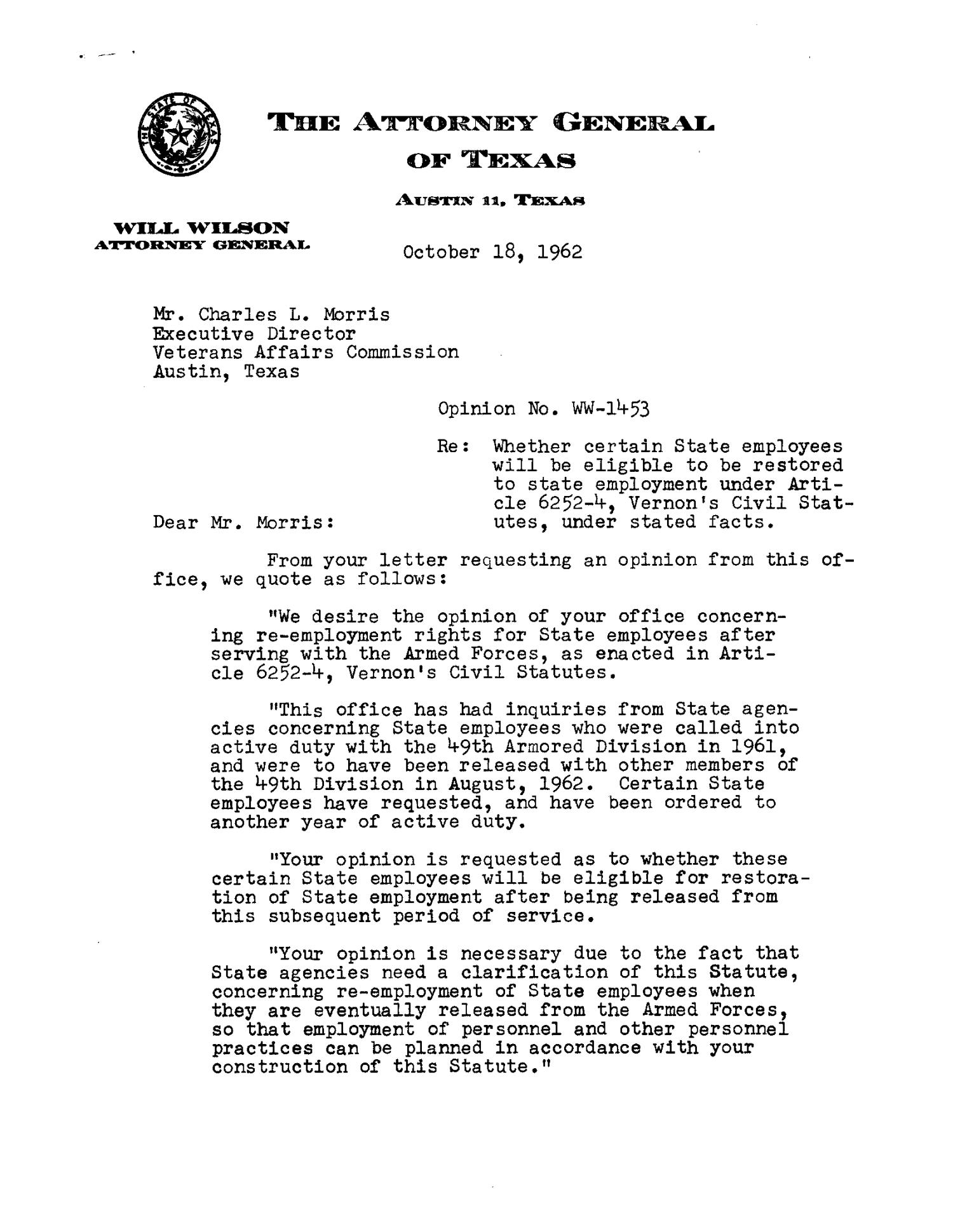 Texas Attorney General Opinion: WW-1453
                                                
                                                    [Sequence #]: 1 of 5
                                                