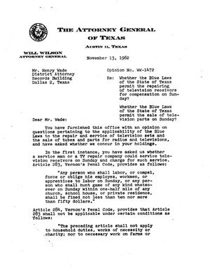 Texas Attorney General Opinion: WW-1472