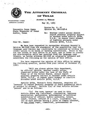 Texas Attorney General Opinion: WW-1498A