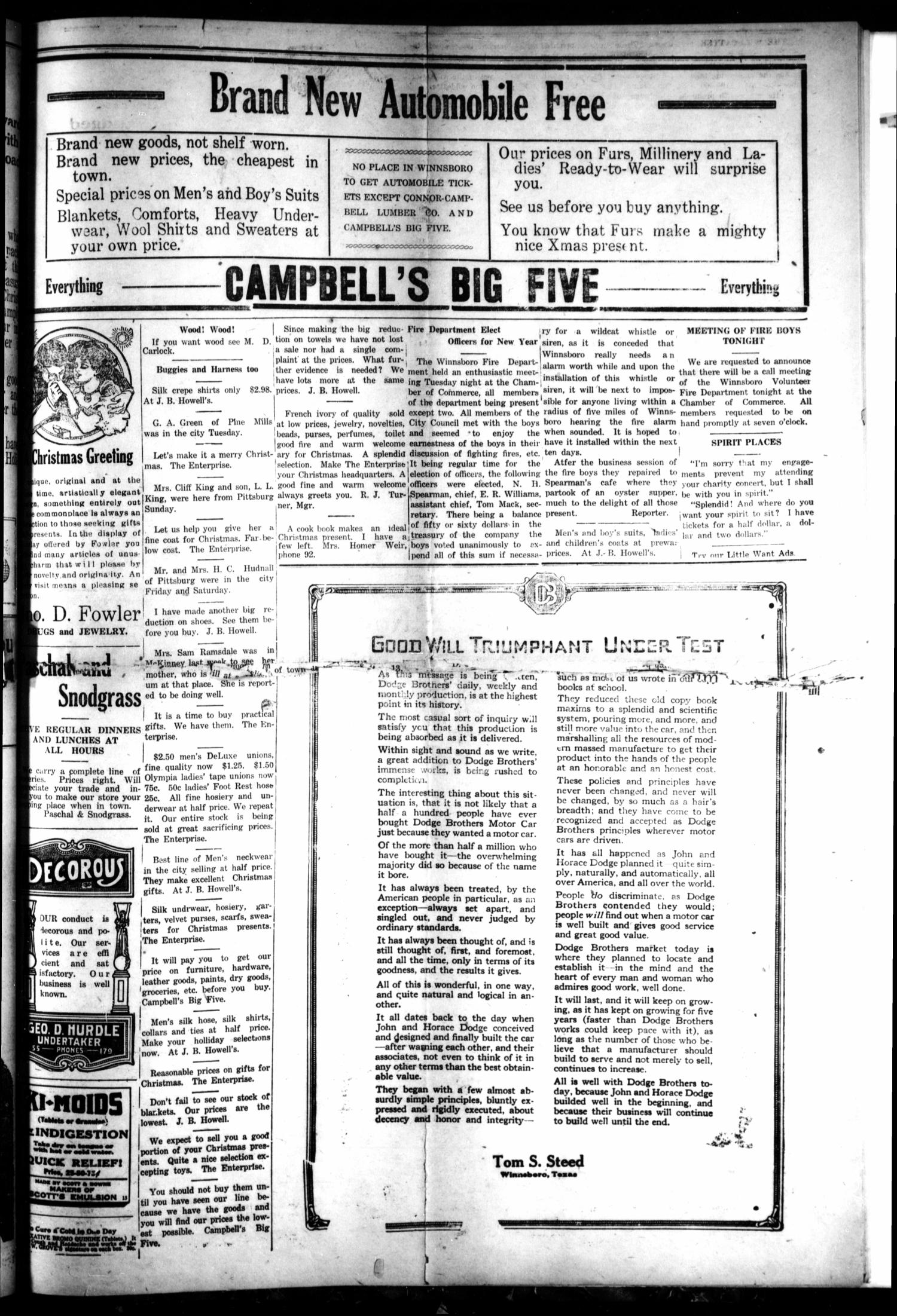 Winnsboro Weekly News (Winnsboro, Tex.), Vol. 12, No. 17, Ed. 1 Friday, December 17, 1920
                                                
                                                    [Sequence #]: 3 of 8
                                                