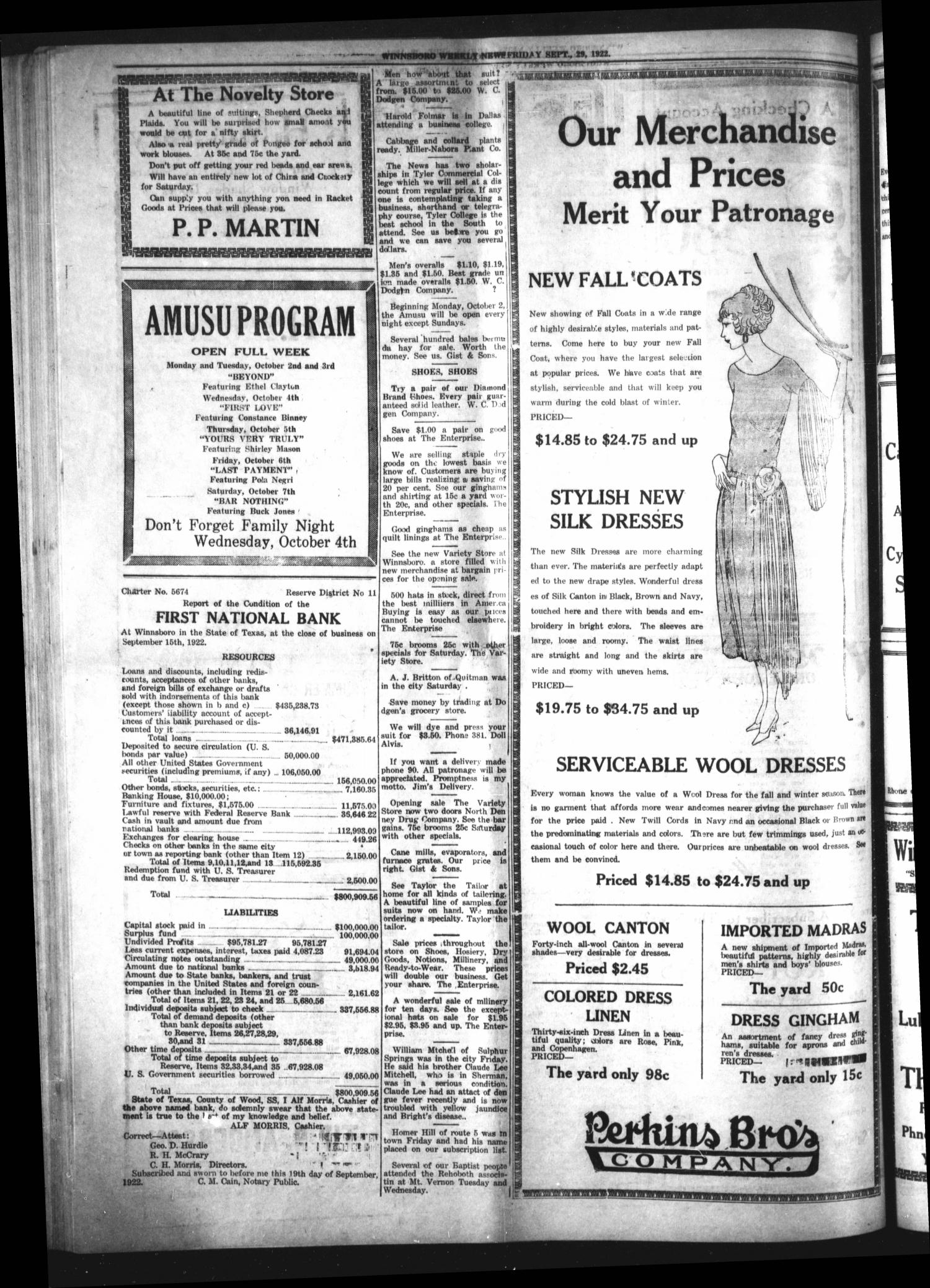 Winnsboro Weekly News (Winnsboro, Tex.), Vol. 14, No. 3, Ed. 1 Friday, September 29, 1922
                                                
                                                    [Sequence #]: 4 of 8
                                                