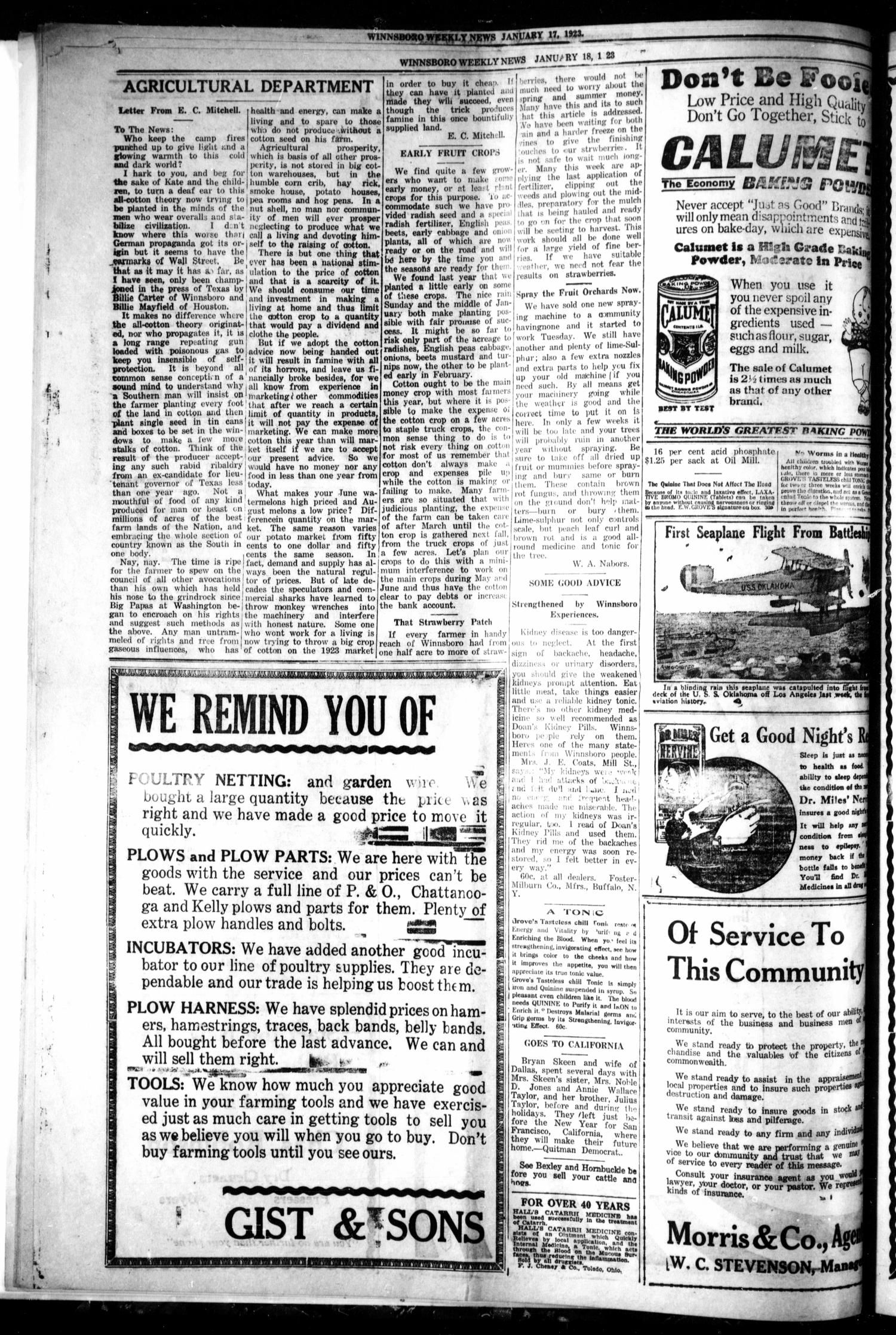 Winnsboro Weekly News (Winnsboro, Tex.), Vol. 14, No. 18, Ed. 1 Thursday, January 18, 1923
                                                
                                                    [Sequence #]: 4 of 8
                                                