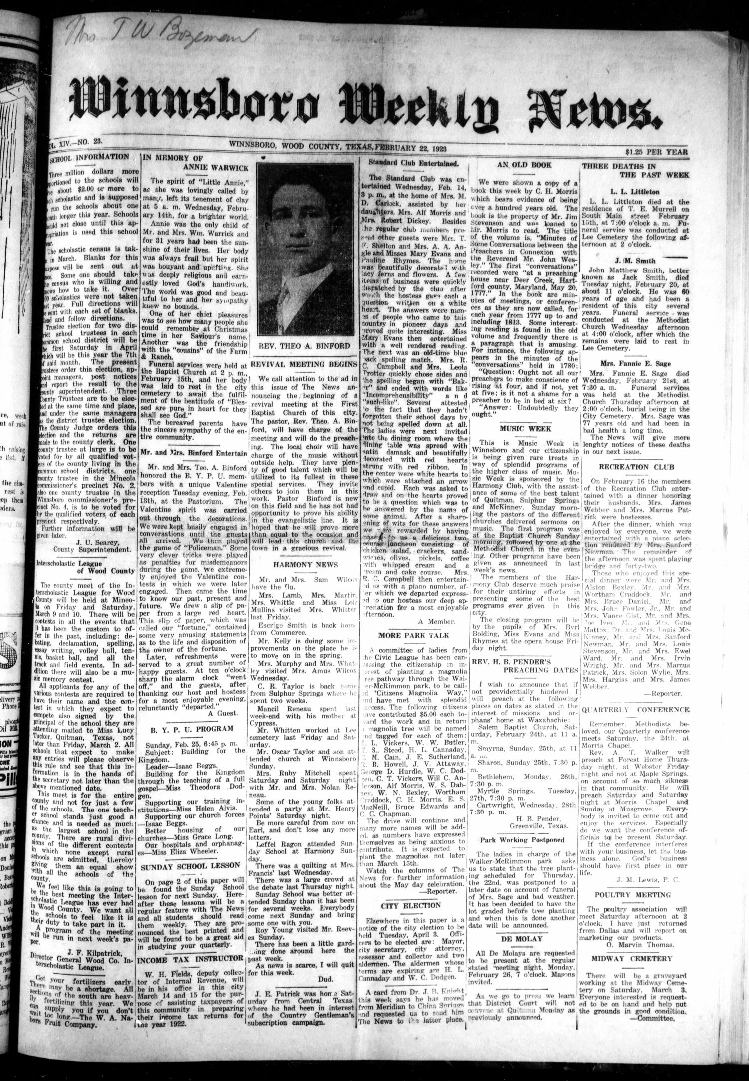 Winnsboro Weekly News (Winnsboro, Tex.), Vol. 14, No. 23, Ed. 1 Thursday, February 22, 1923
                                                
                                                    [Sequence #]: 1 of 8
                                                