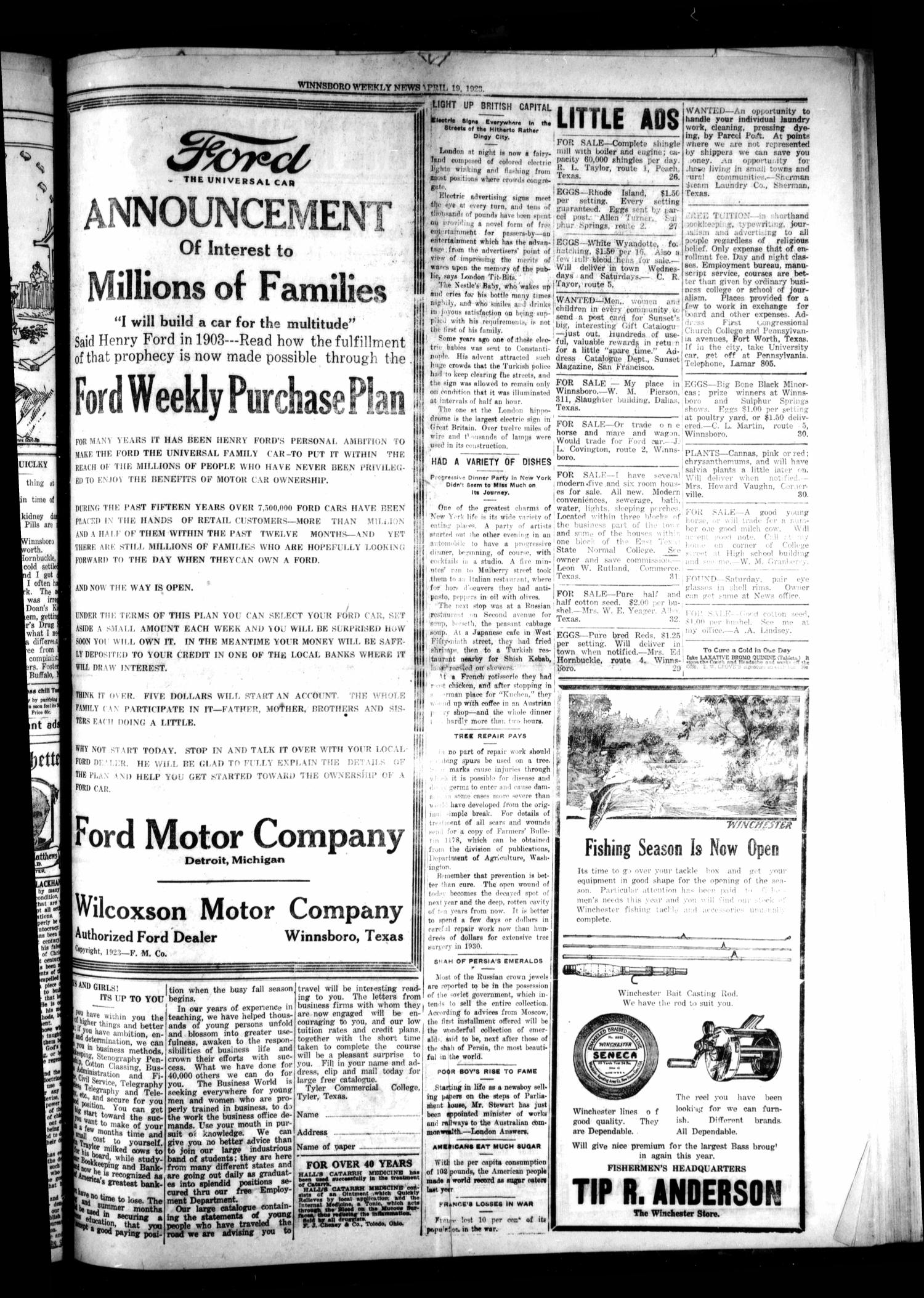 Winnsboro Weekly News (Winnsboro, Tex.), Vol. 14, No. 31, Ed. 1 Thursday, April 19, 1923
                                                
                                                    [Sequence #]: 3 of 8
                                                