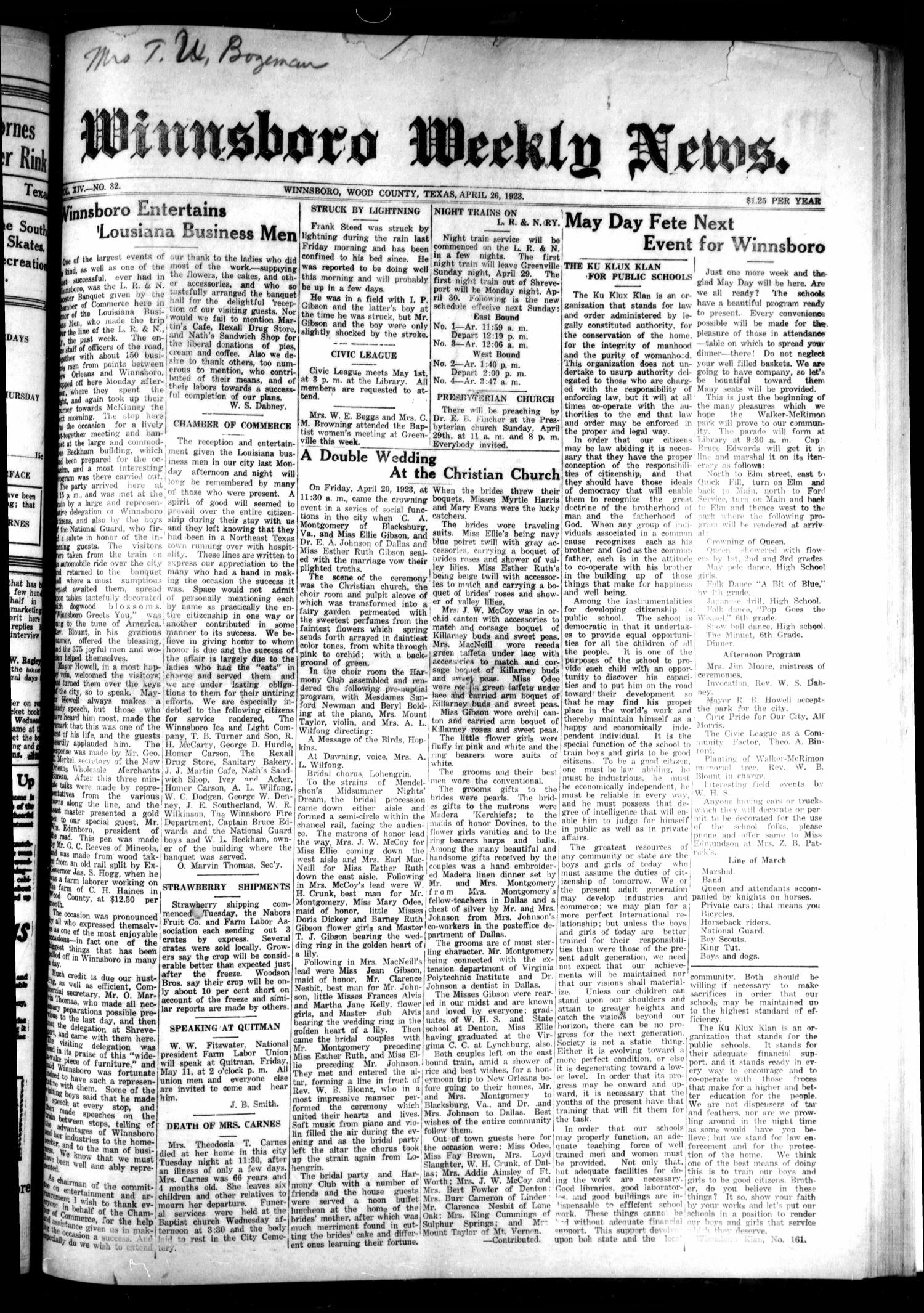 Winnsboro Weekly News (Winnsboro, Tex.), Vol. 14, No. 32, Ed. 1 Thursday, April 26, 1923
                                                
                                                    [Sequence #]: 1 of 8
                                                