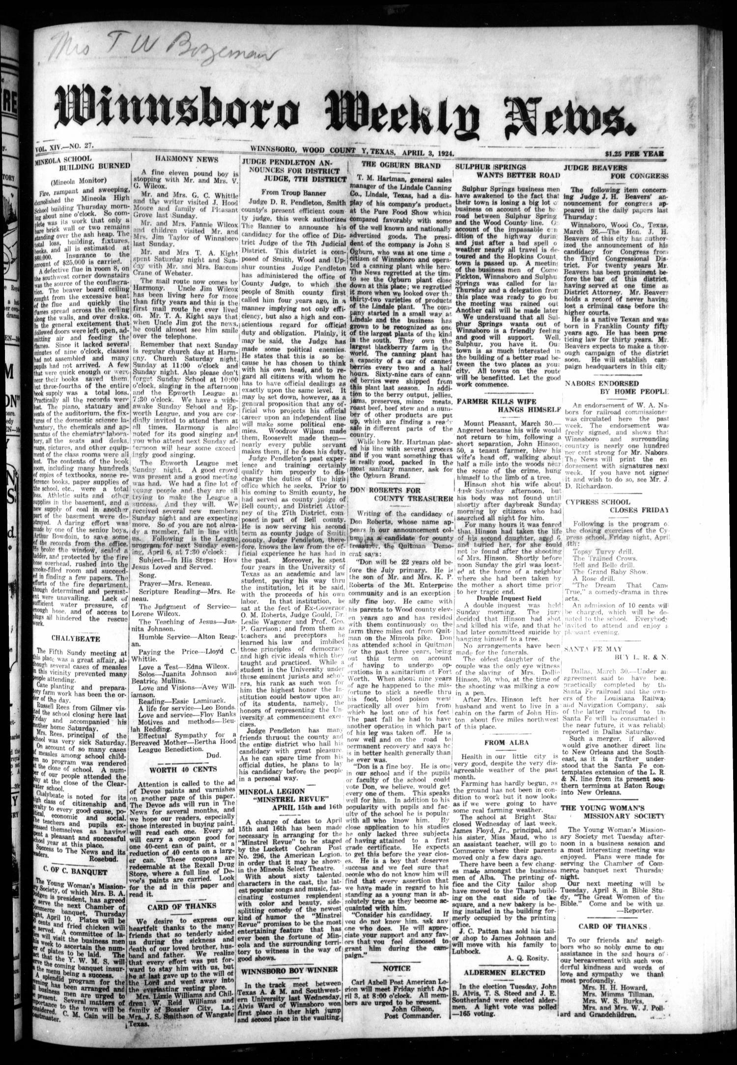 Winnsboro Weekly News (Winnsboro, Tex.), Vol. 14, No. 27, Ed. 1 Thursday, April 3, 1924
                                                
                                                    [Sequence #]: 1 of 8
                                                
