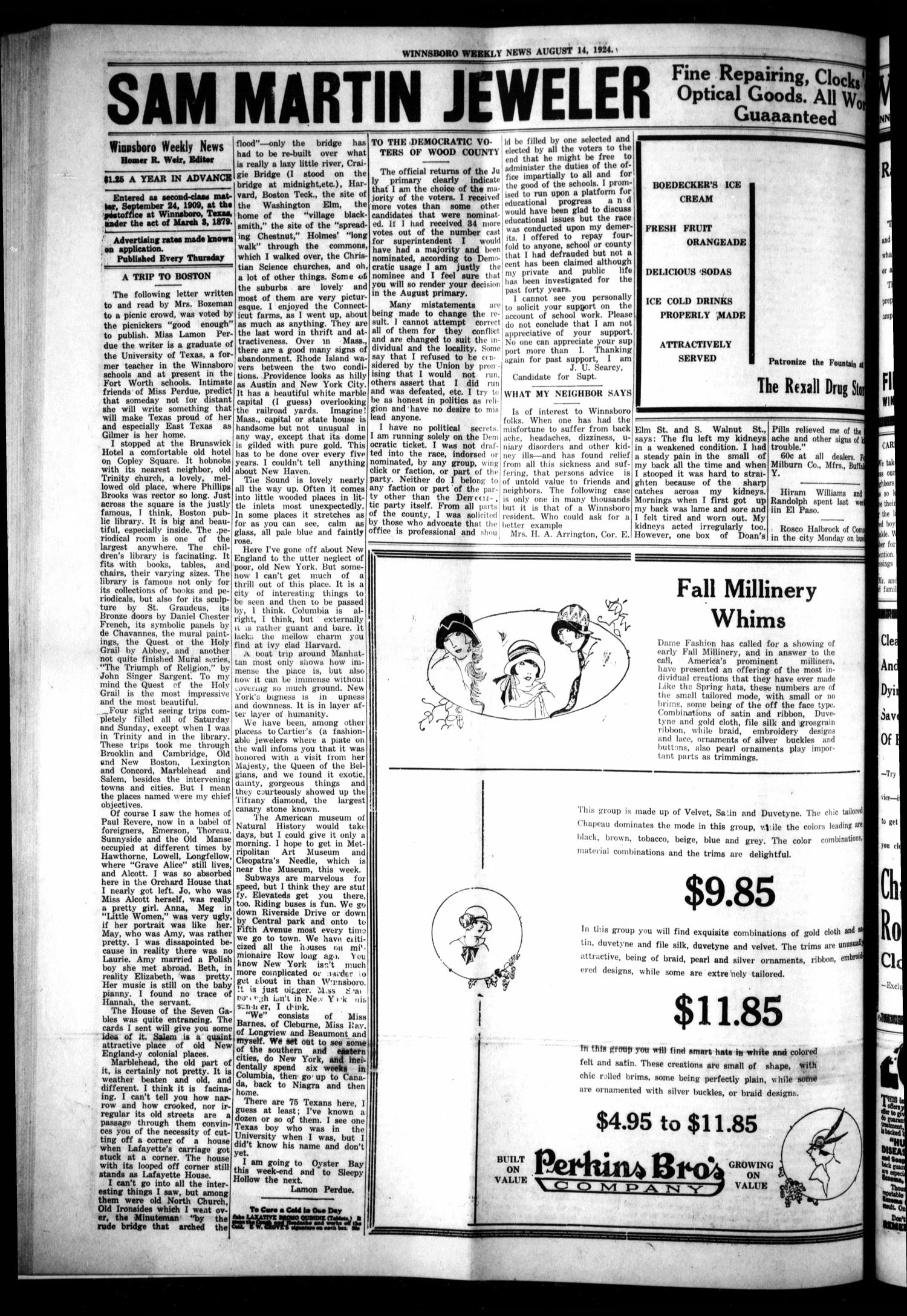 Winnsboro Weekly News (Winnsboro, Tex.), Vol. 14, No. 46, Ed. 1 Thursday, August 14, 1924
                                                
                                                    [Sequence #]: 4 of 8
                                                