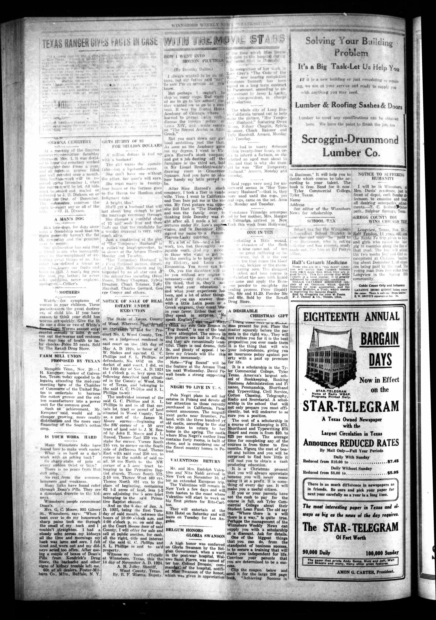 Winnsboro Weekly News (Winnsboro, Tex.), Vol. 15, No. 9, Ed. 1 Thursday, November 27, 1924
                                                
                                                    [Sequence #]: 2 of 8
                                                