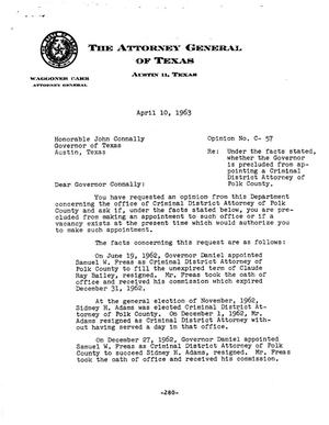 Primary view of object titled 'Texas Attorney General Opinion: C-57'.