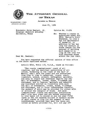 Primary view of object titled 'Texas Attorney General Opinion: C-274'.