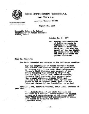 Primary view of object titled 'Texas Attorney General Opinion: C-298'.