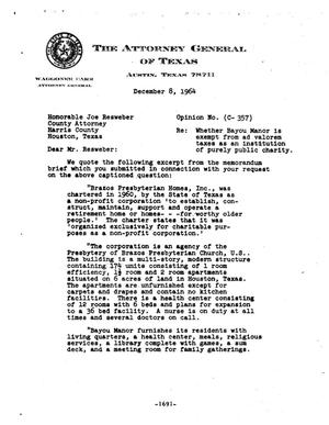 Primary view of object titled 'Texas Attorney General Opinion: C-357'.
