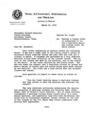 Primary view of object titled 'Texas Attorney General Opinion: C-407'.