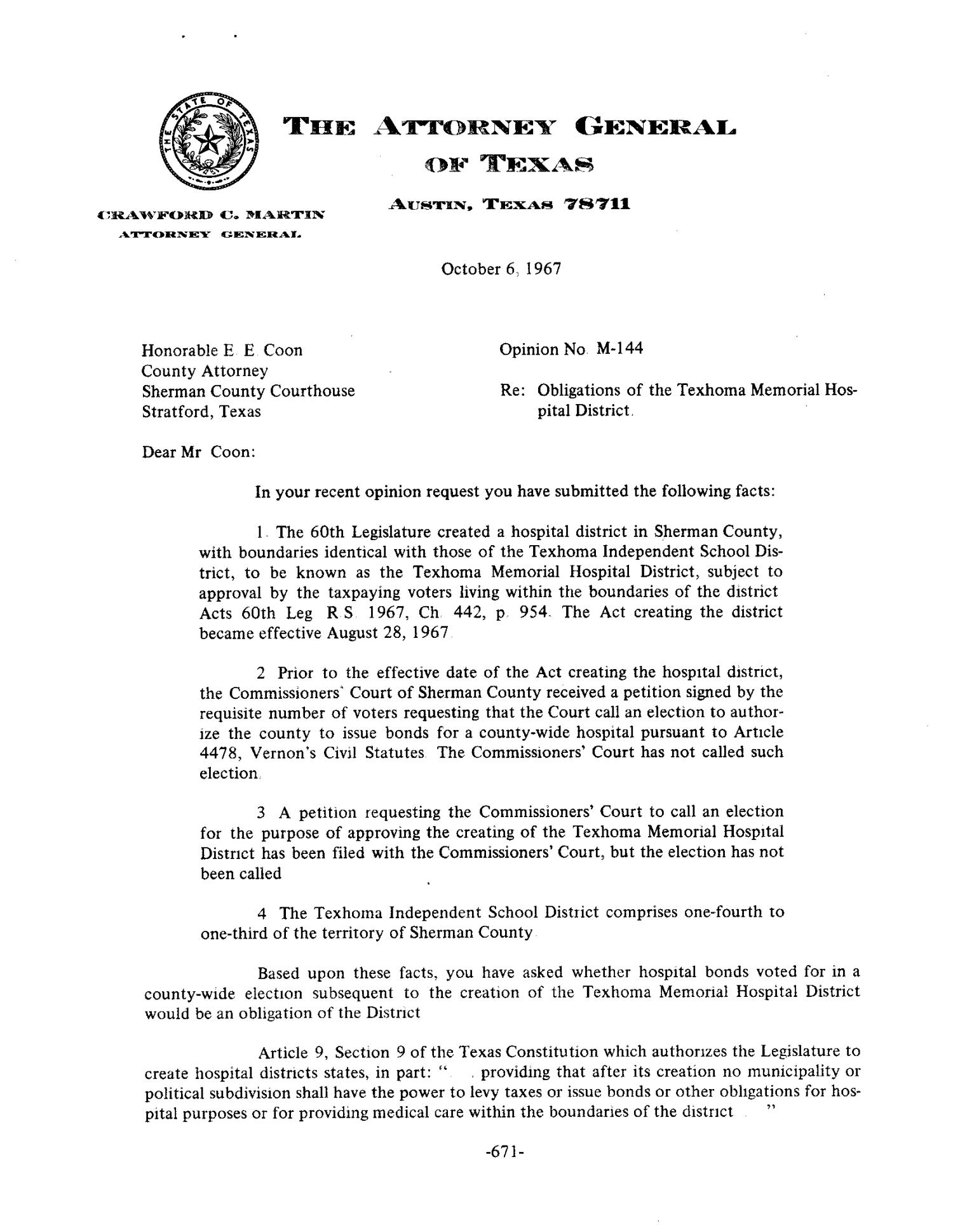Texas Attorney General Opinion: M-144
                                                
                                                    [Sequence #]: 1 of 3
                                                