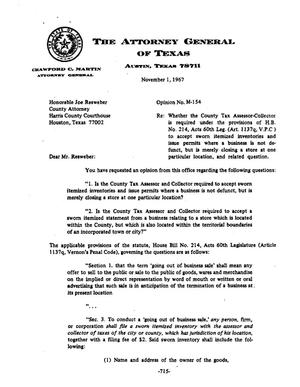 Texas Attorney General Opinion: M-154