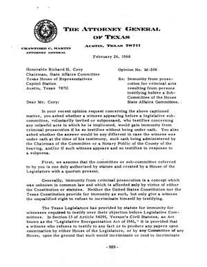 Texas Attorney General Opinion: M-206