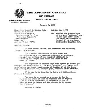 Texas Attorney General Opinion: M-548