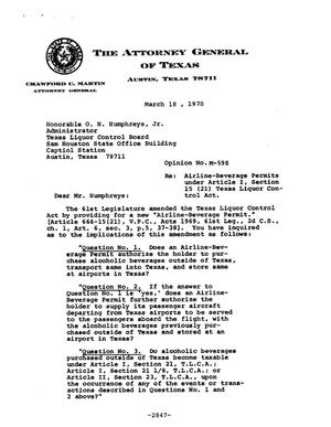 Texas Attorney General Opinion: M-598