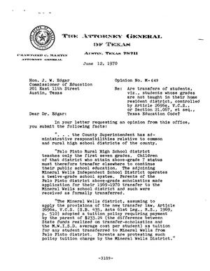 Primary view of object titled 'Texas Attorney General Opinion: M-649'.