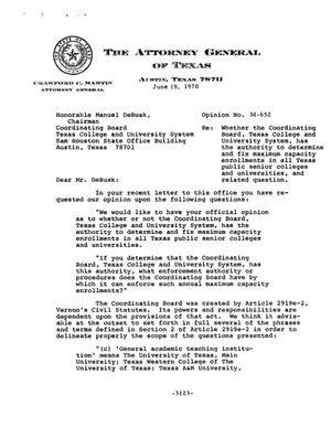 Primary view of object titled 'Texas Attorney General Opinion: M-652'.