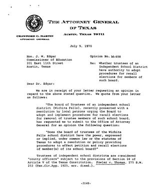Primary view of object titled 'Texas Attorney General Opinion: M-658'.