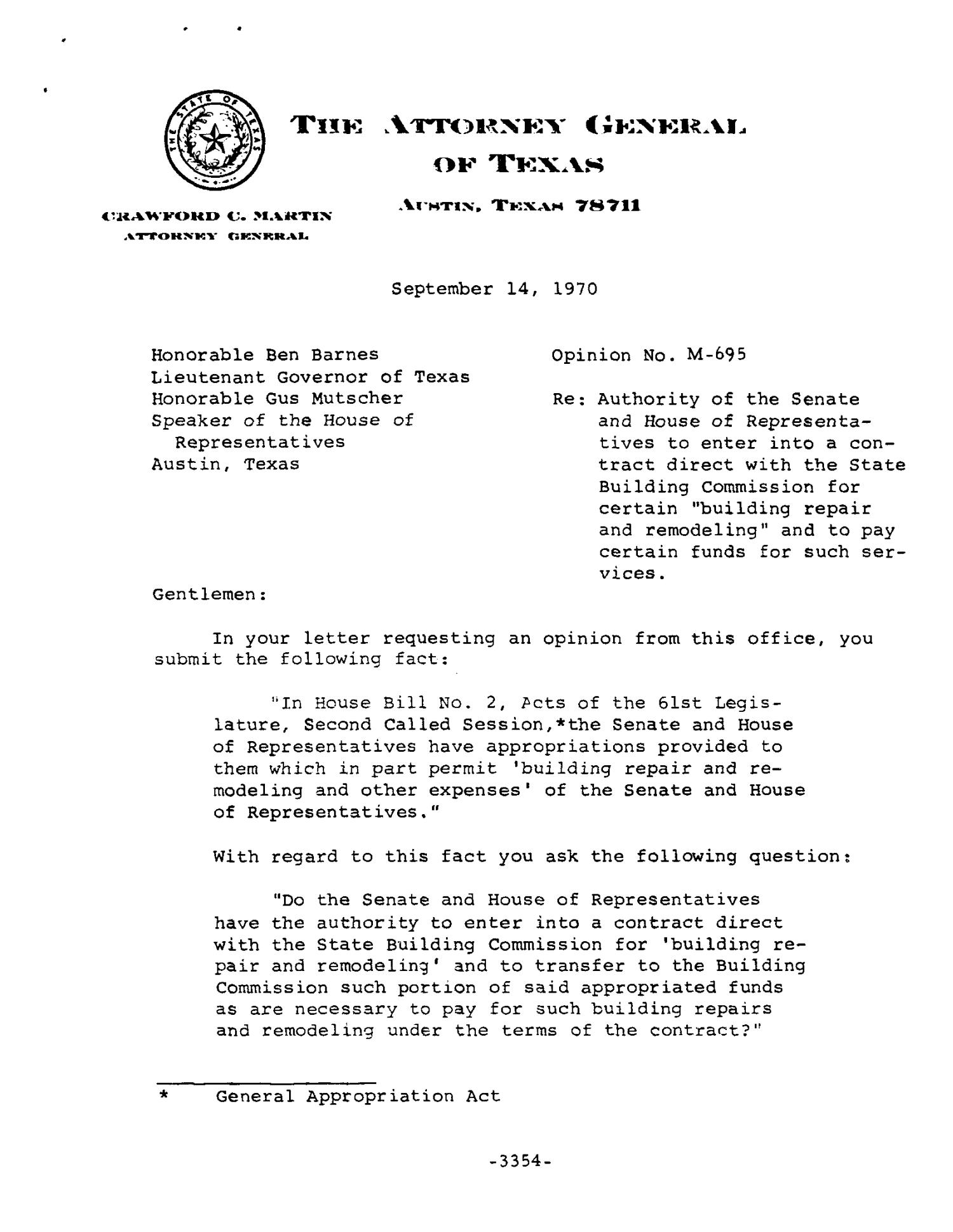Texas Attorney General Opinion: M-695
                                                
                                                    [Sequence #]: 1 of 9
                                                