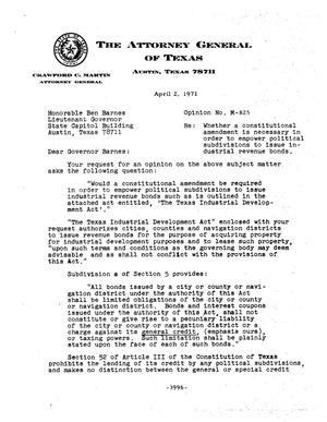 Primary view of object titled 'Texas Attorney General Opinion: M-825'.