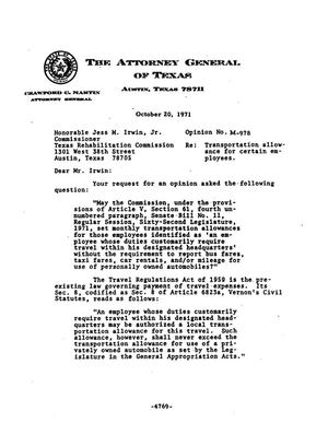 Texas Attorney General Opinion: M-978