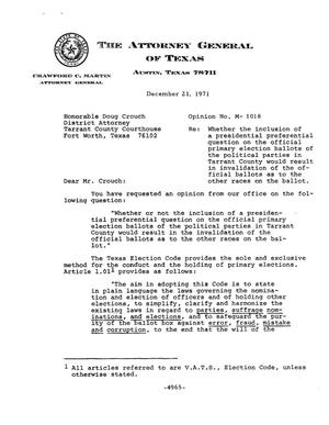Primary view of object titled 'Texas Attorney General Opinion: M-1018'.
