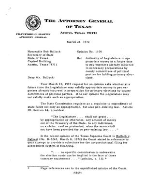 Primary view of object titled 'Texas Attorney General Opinion: M-1100'.