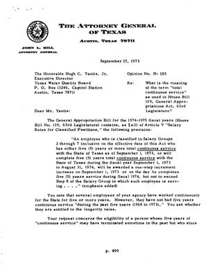 Primary view of object titled 'Texas Attorney General Opinion: H-105'.