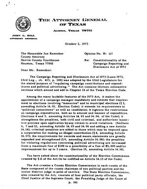 Texas Attorney General Opinion: H-117