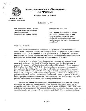 Primary view of object titled 'Texas Attorney General Opinion: H-230'.