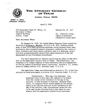 Primary view of object titled 'Texas Attorney General Opinion: H-267'.