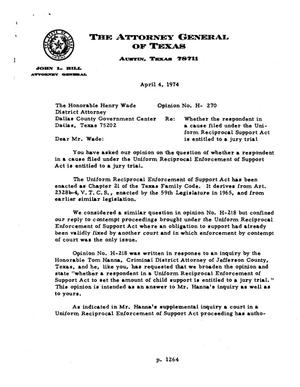 Primary view of object titled 'Texas Attorney General Opinion: H-270'.