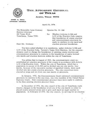 Primary view of object titled 'Texas Attorney General Opinion: H-282'.