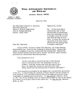 Primary view of object titled 'Texas Attorney General Opinion: H-285'.