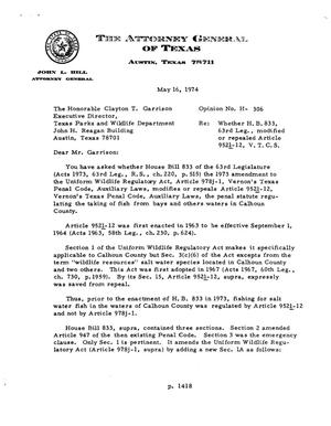 Primary view of object titled 'Texas Attorney General Opinion: H-306'.