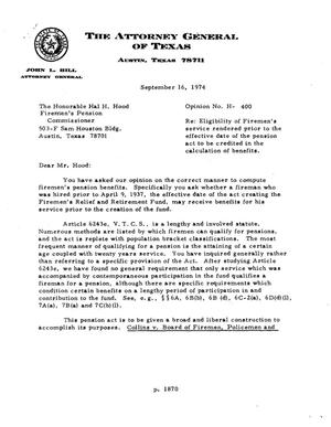 Texas Attorney General Opinion: H-400
