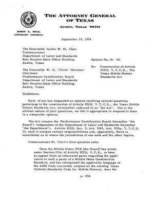 Primary view of object titled 'Texas Attorney General Opinion: H-411'.