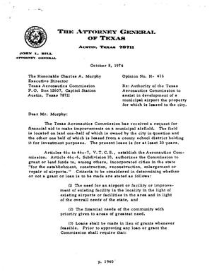 Texas Attorney General Opinion: H-416