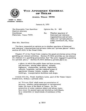Primary view of object titled 'Texas Attorney General Opinion: H-489'.