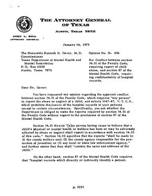 Texas Attorney General Opinion: H-494