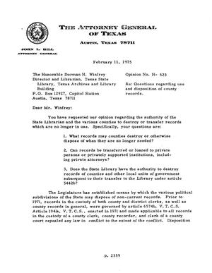 Primary view of object titled 'Texas Attorney General Opinion: H-523'.
