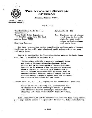 Primary view of object titled 'Texas Attorney General Opinion: H-599'.