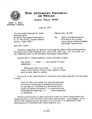 Texas Attorney General Opinion: H-650
