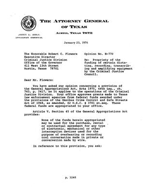 Primary view of object titled 'Texas Attorney General Opinion: H-770'.