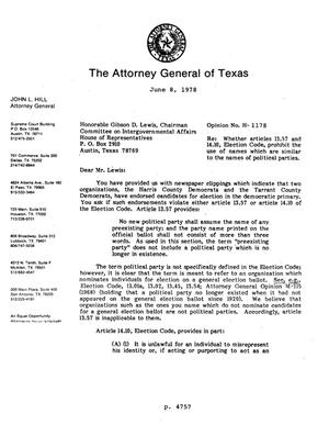 Texas Attorney General Opinion: H-1178