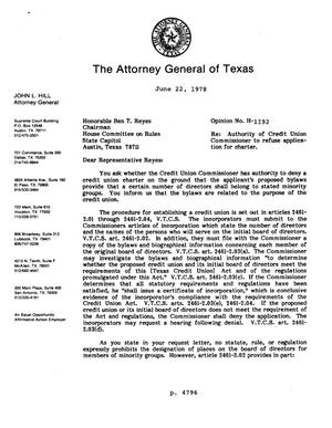 Texas Attorney General Opinion: H-1192